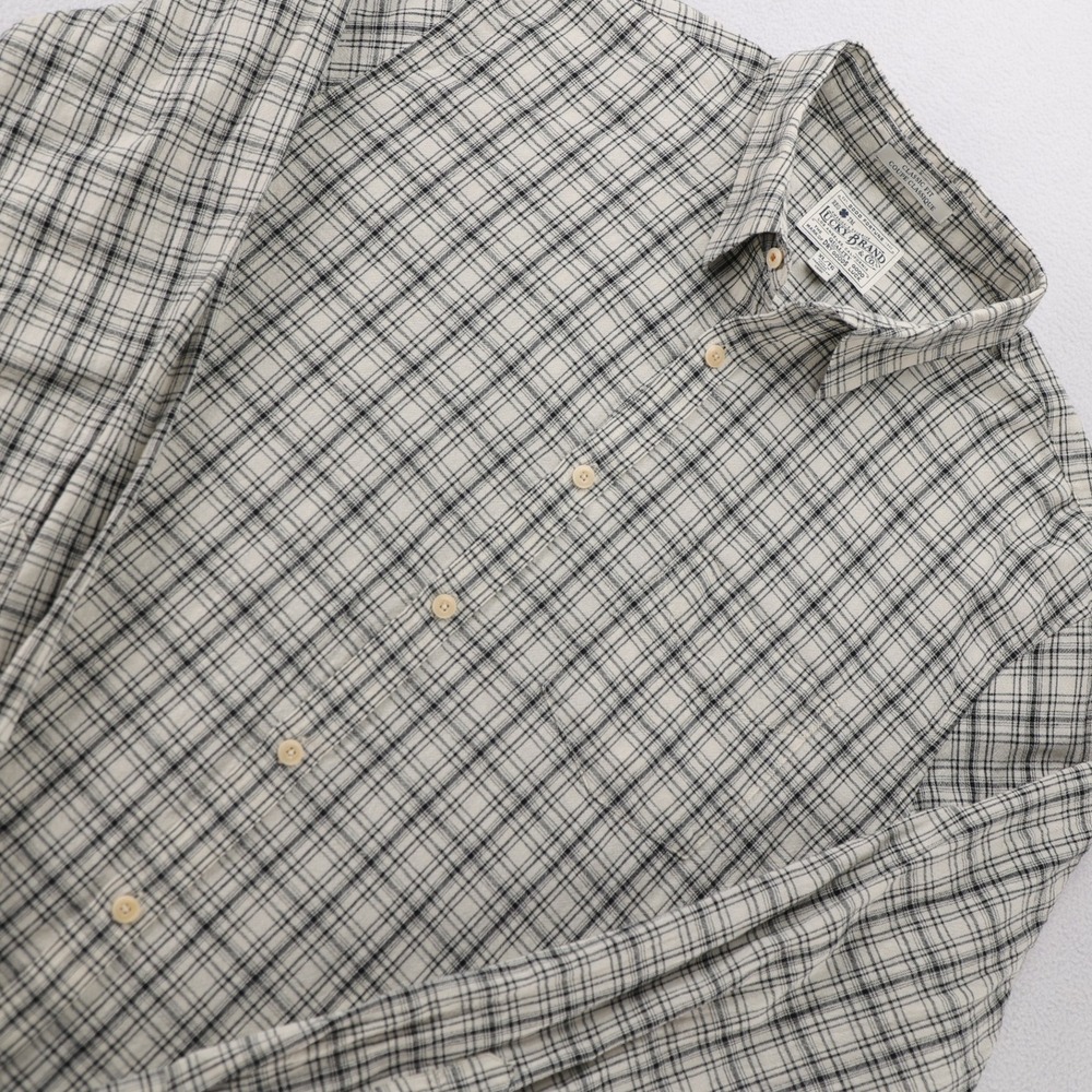Lucky Brand Men XL Classic Fit Cotton Linen Plaid Long Sleeve Button Shirt Cream